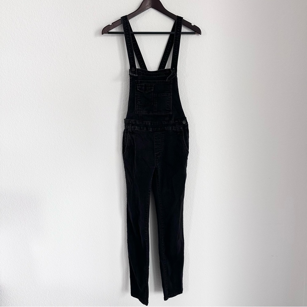 Free People Y2K Black Women's Washed Denim Overalls Stretched Bib Jumpsuit 24 - Picture 4 of 10